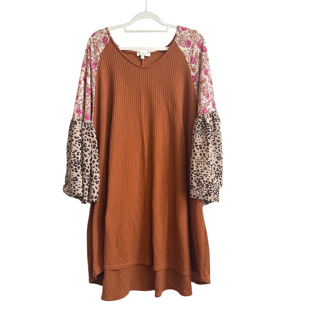 Umgee Rustic Orange Waffle Knit Top with Dramatic Mixed Print Sheer Boho Sleeves